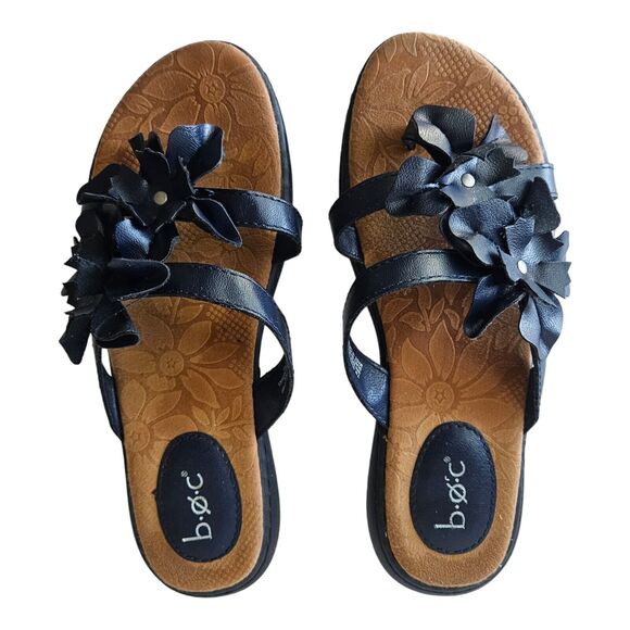 BOC BORN Women’s Size 7 M Navy Blue Slip On Sandals Thongs Flowers Comfort - Picture 1 of 9